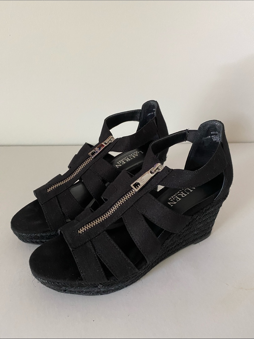 Lauren Ralph Lauren Kelcie Black Espadrille Wedge Sandals with Front Zip Accent